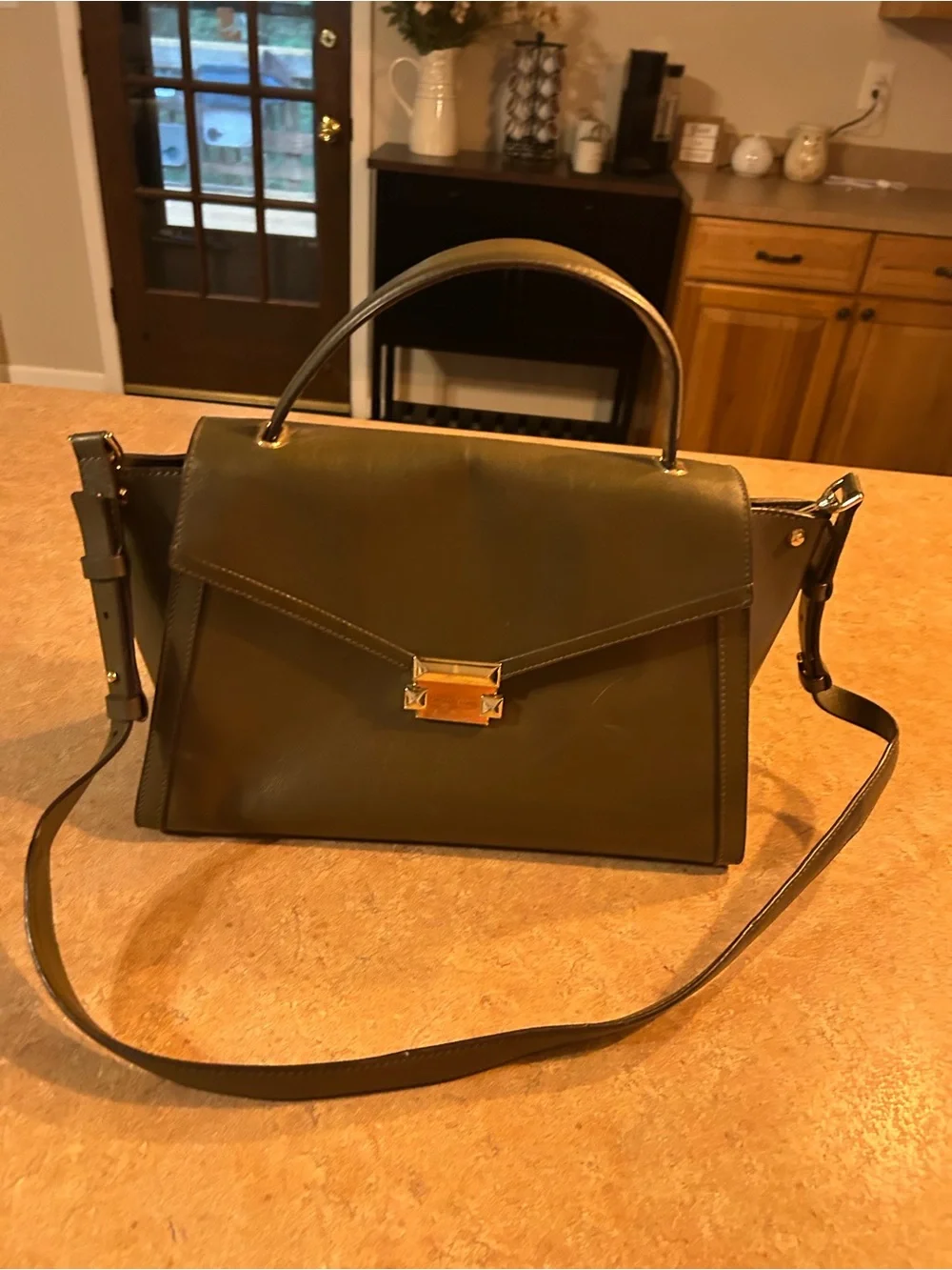 Michael Kors Olive Green Leather Satchel with Gold Tone Hardware
